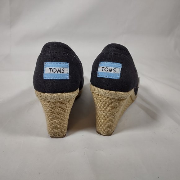 Toms Black Espadrille Wedge Heels Shoes Women's Size 8 Slip On Peep Toe - Picture 2 of 8